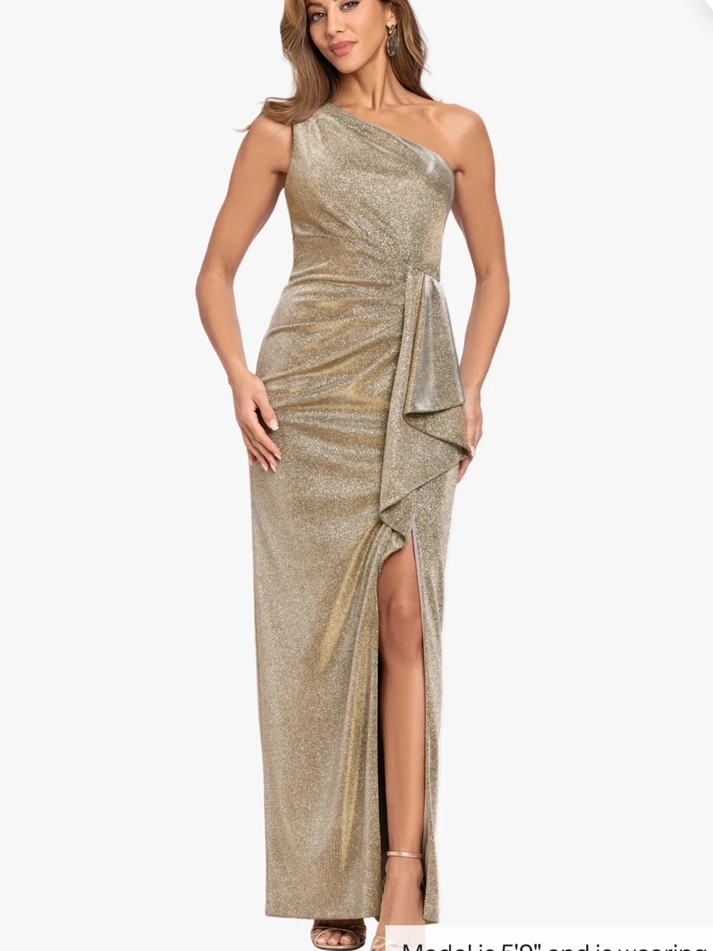 NWT XSCAPE MISHA" GLITTER KNIT ONE SHOULDER SIDE CINCHED W FLARE DRESS SIZE 10 - Picture 2 of 11